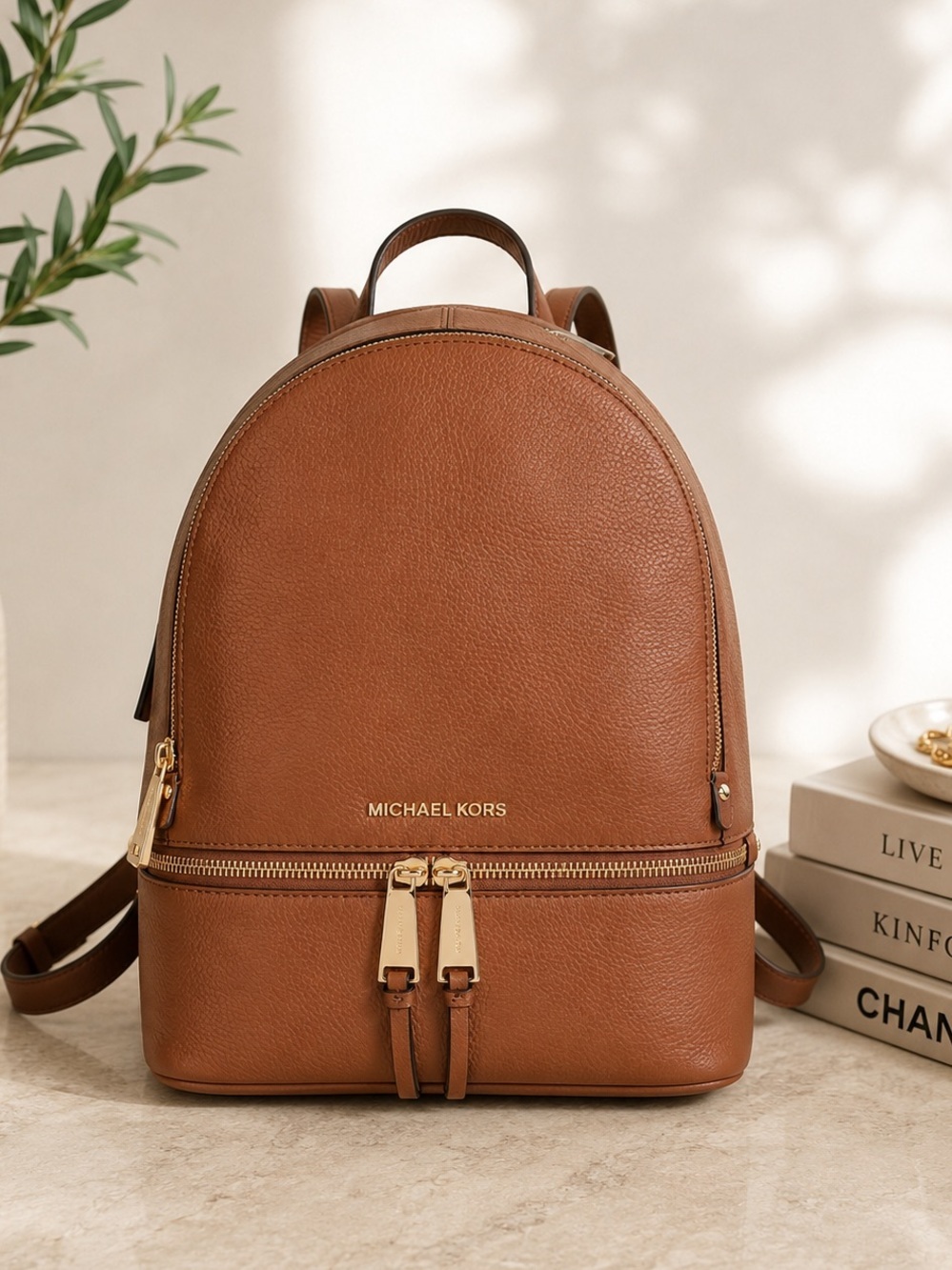 Michael Kors Brown Pebbled Leather Backpack Gold Hardware